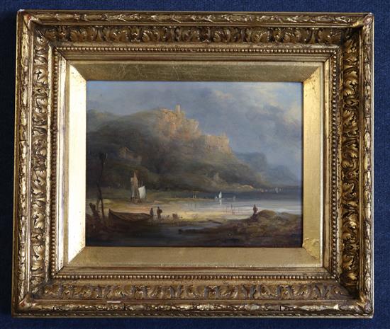 William Henry Crome (1806-1873) Beach scene looking towards cliff top towers 7.25 x 9.25in.